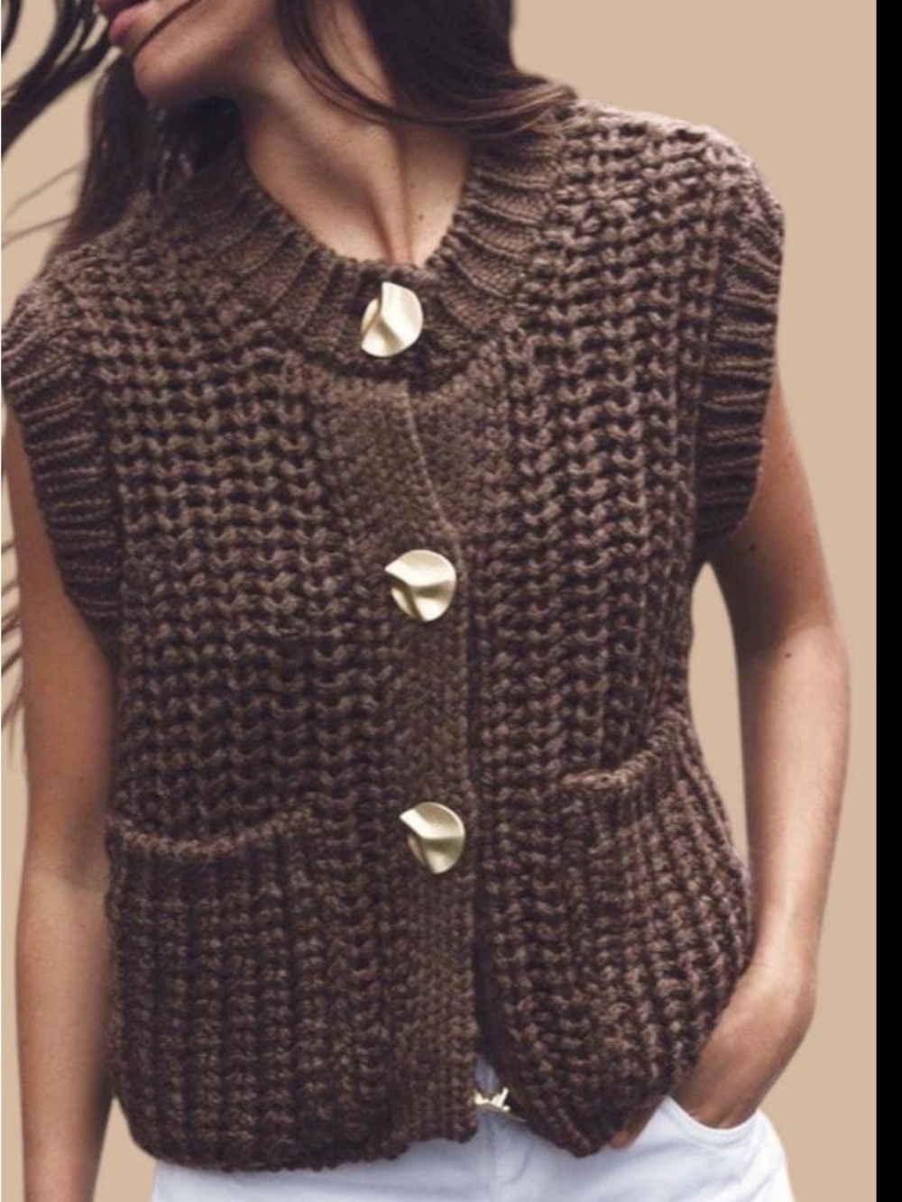 Zara Chunky Knit Sleeveless Cardigan Vest - Brown